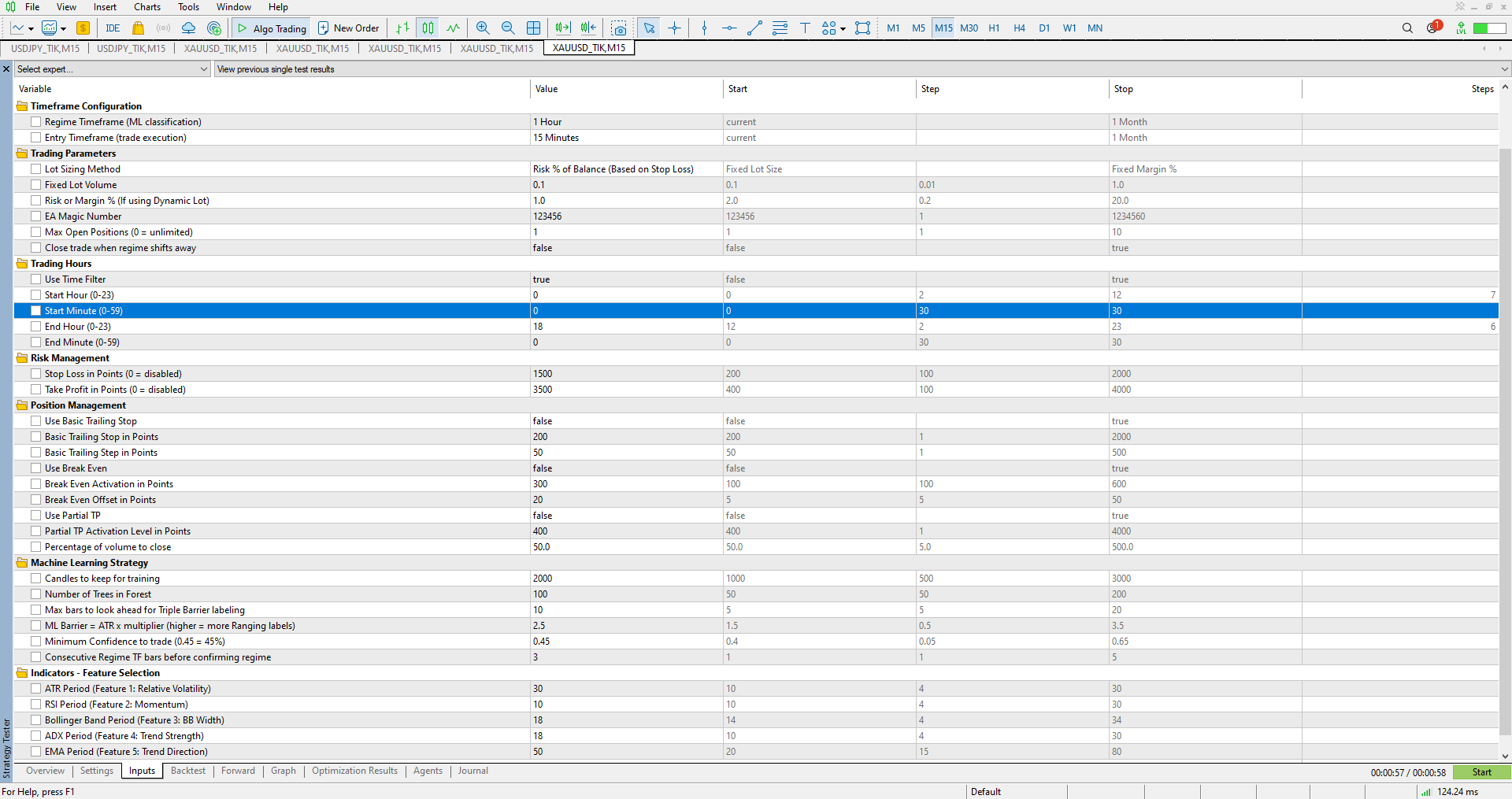 Default input set — model training window, confidence floor, regime-persistence, money management, and position management.